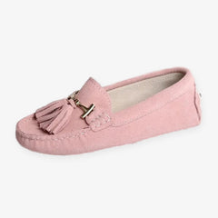 Dames loafers van leer met kwastjes en gouden bit, Roze