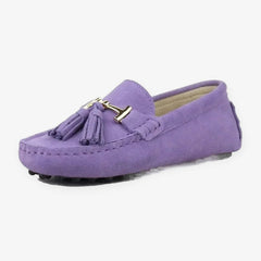 Dames loafers van leer met kwastjes en gouden bit, Lila