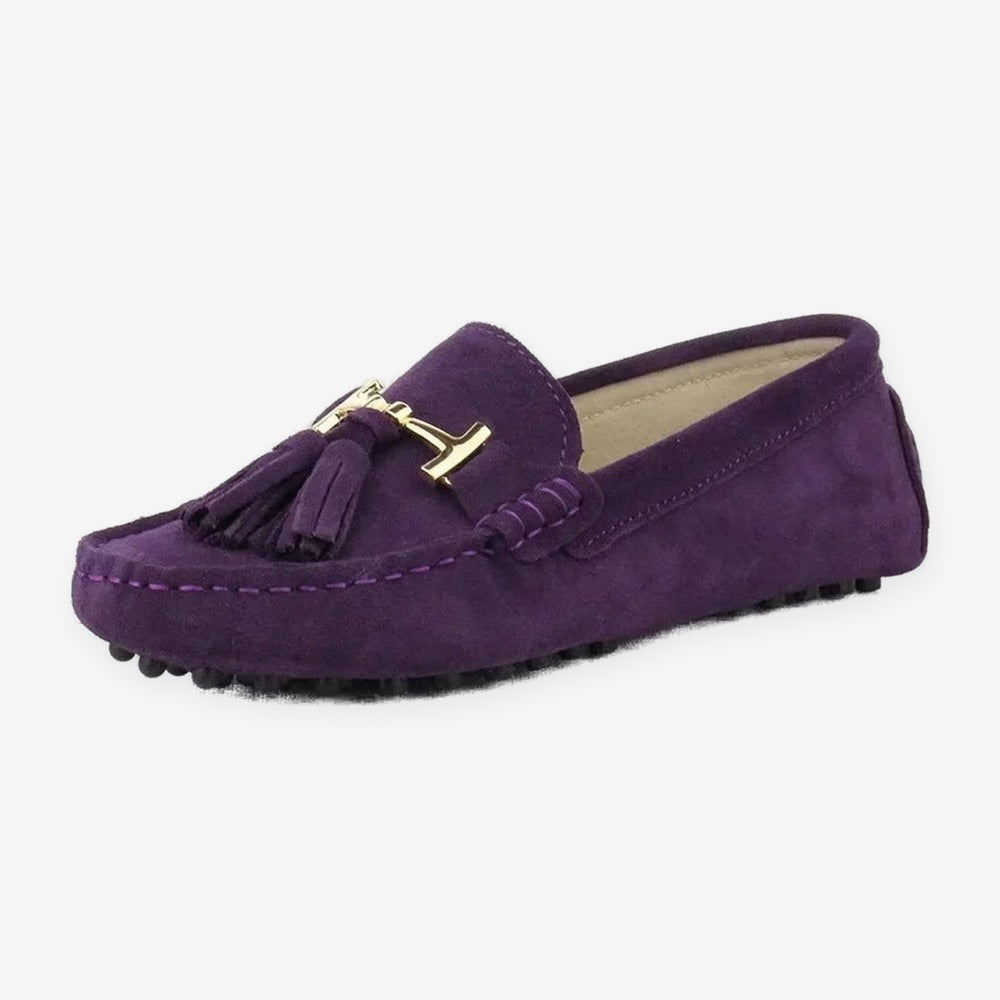 Leren damesloafer met kwast en gouden bit in geel, gedragen