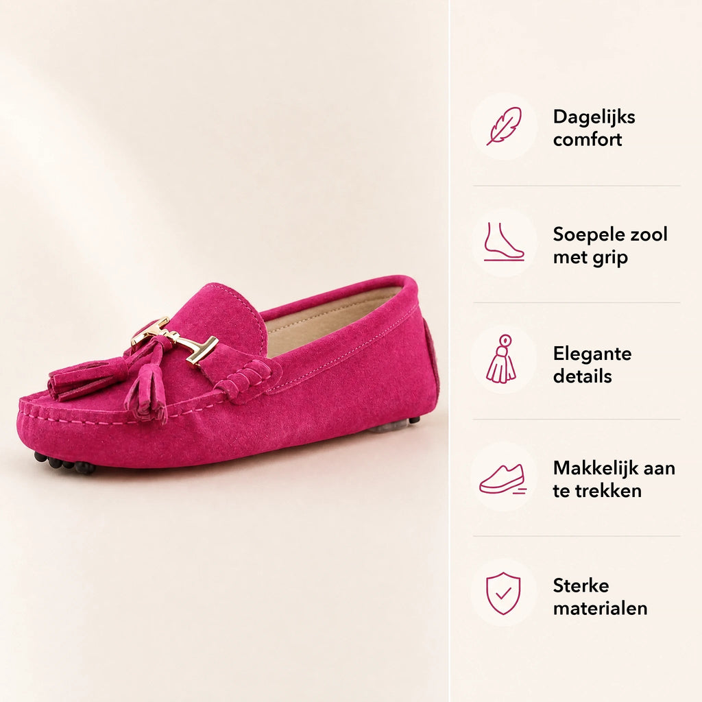 Leren damesloafer met kwast en gouden bit in paars, achterkant