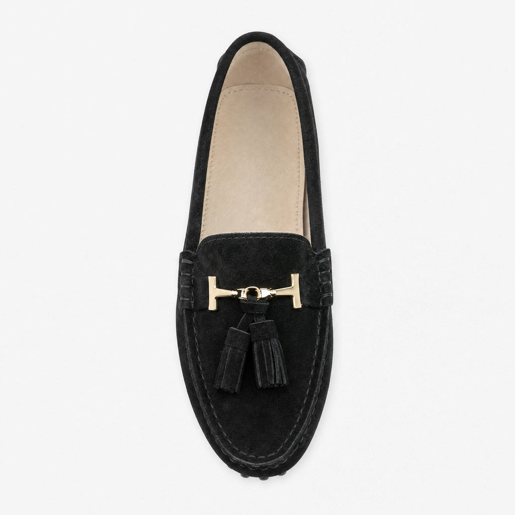 Damesloafer met kwastjes en gouden bit in zwart, voorkant
