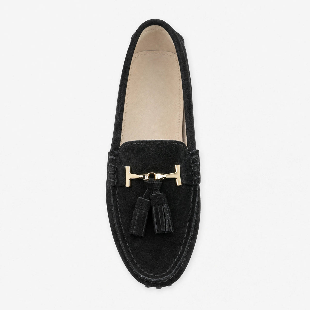 Damesloafer met kwastjes en gouden bit in zwart, voorkant