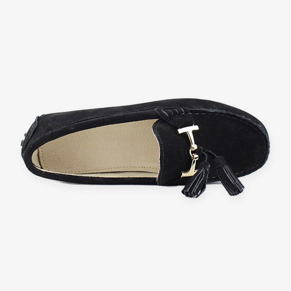 Damesloafer met kwastjes en gouden bit in donkergrijs, zijaanzicht