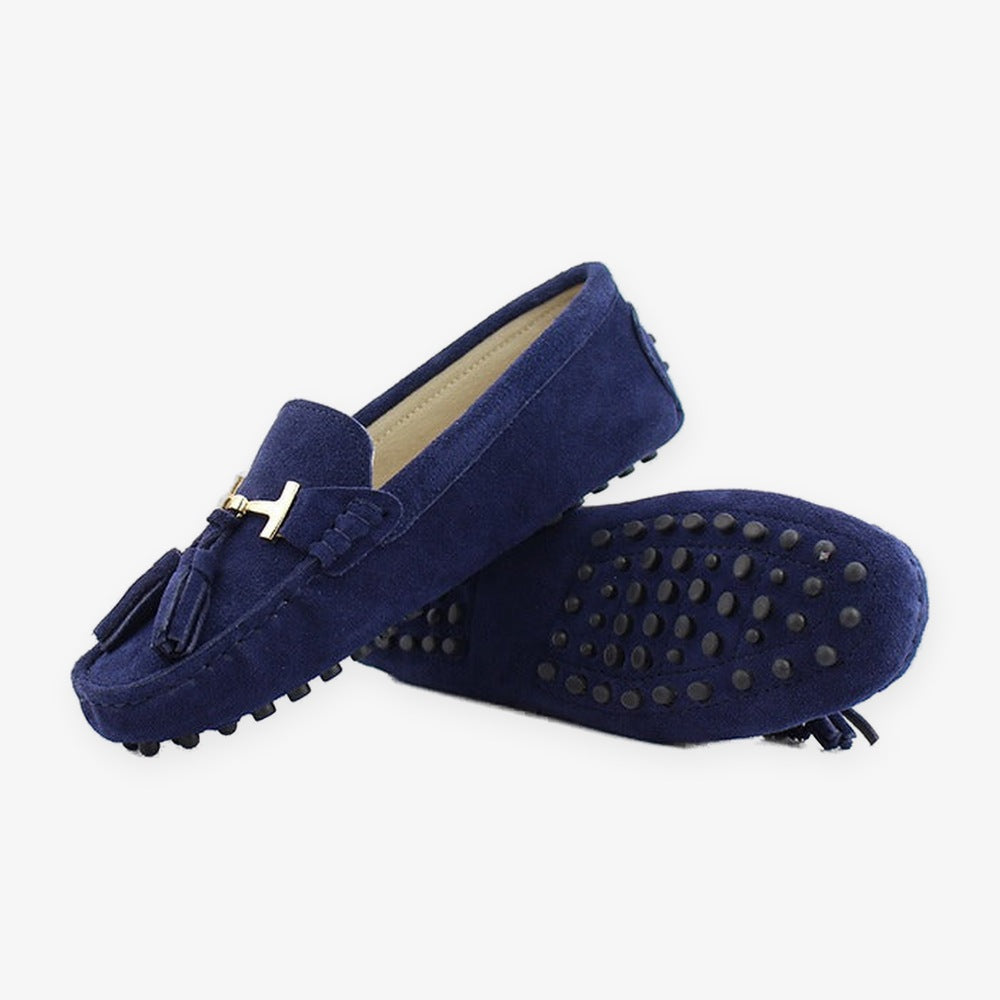 Damesloafer met kwastjes en gouden bit in koningsblauw, achterkant