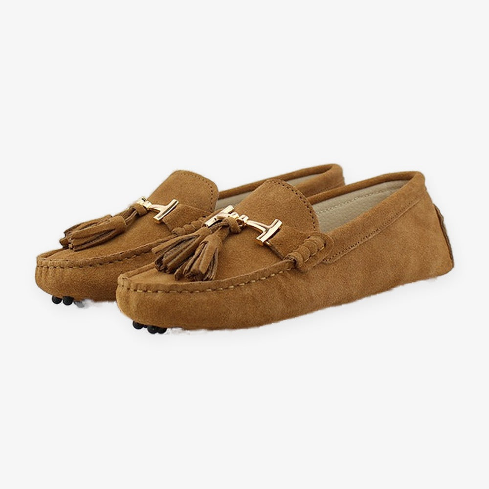 Damesloafer met kwastjes en gouden bit in zwart, bovenaanzicht
