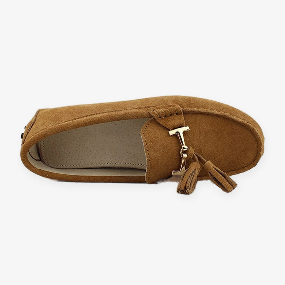 Damesloafer met kwastjes en gouden bit in marineblauw, zool