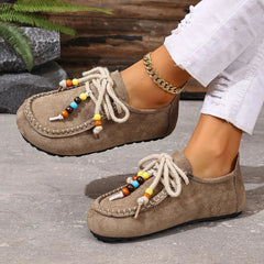 Dames loafers met kralen, veters en kleurrijke details, Taupe