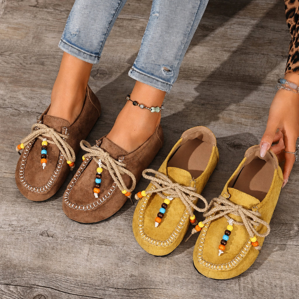 Dames loafers met kralen, veters en kleurrijke details - geel, foto 4