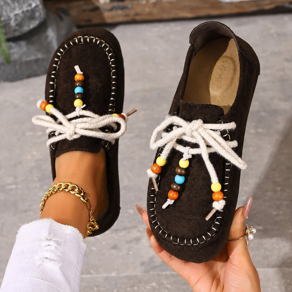 Dames loafers met kralen, veters en kleurrijke details - bruin, foto 5