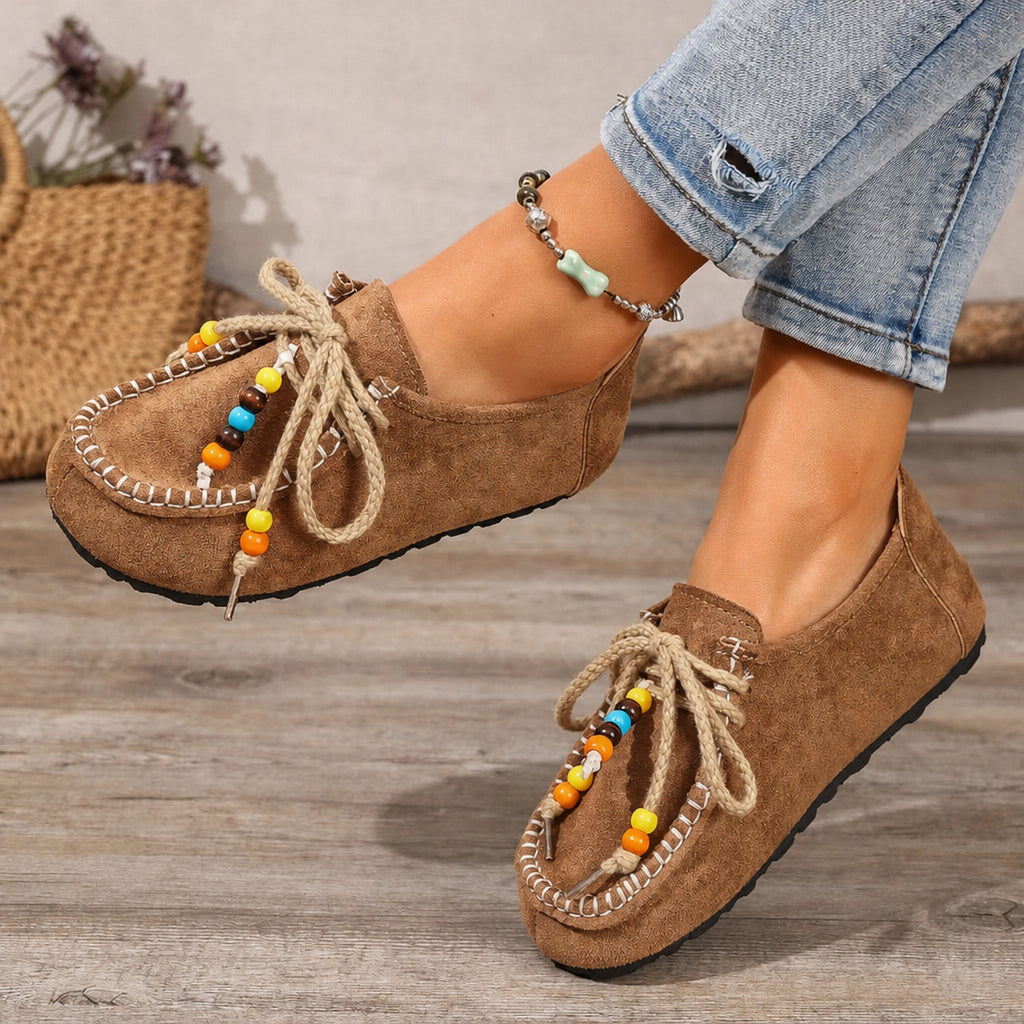 Dames loafers met kralen, veters en kleurrijke details - taupe, foto 6