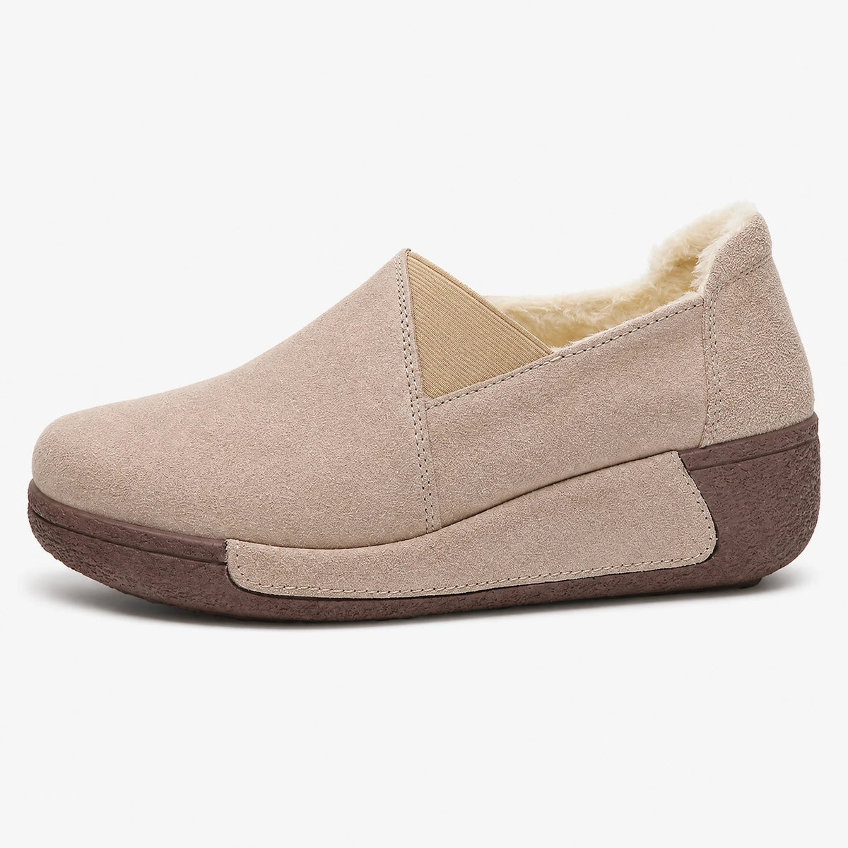 Damesloafer van suède met fleecevoering en plateauzool, zijaanzicht