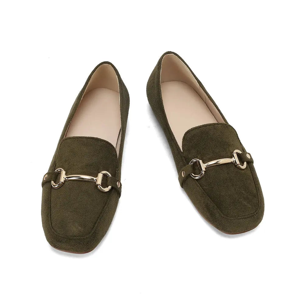 Dames loafer suède-look met gouden horsebit en vierkante neus in abrikoos