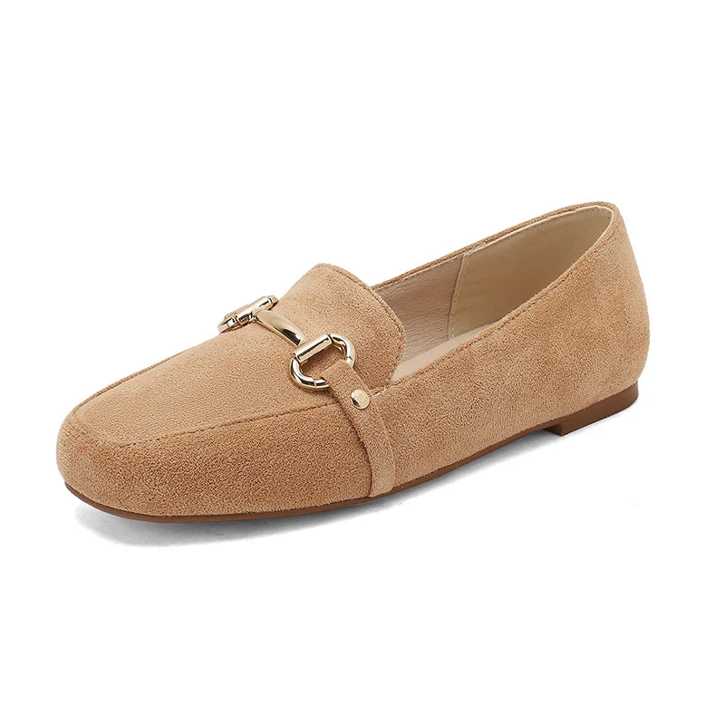 Dames loafer suède-look met gouden horsebit en vierkante neus, zijaanzicht