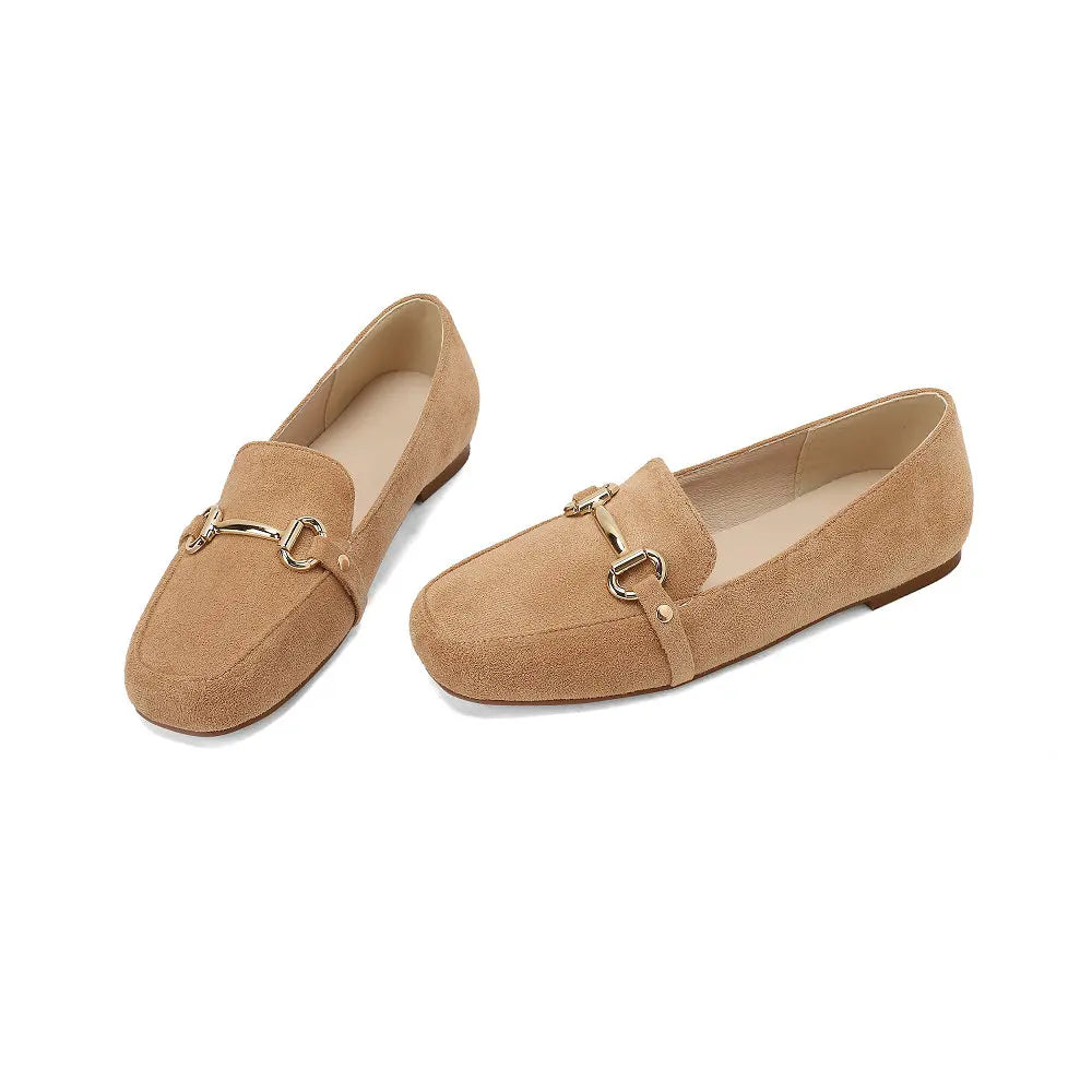 Dames loafer suède-look met gouden horsebit en vierkante neus, achterkant van de schoen