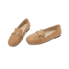Dames loafers suède-look, gouden horsebit en vierkante neus, Abrikoos