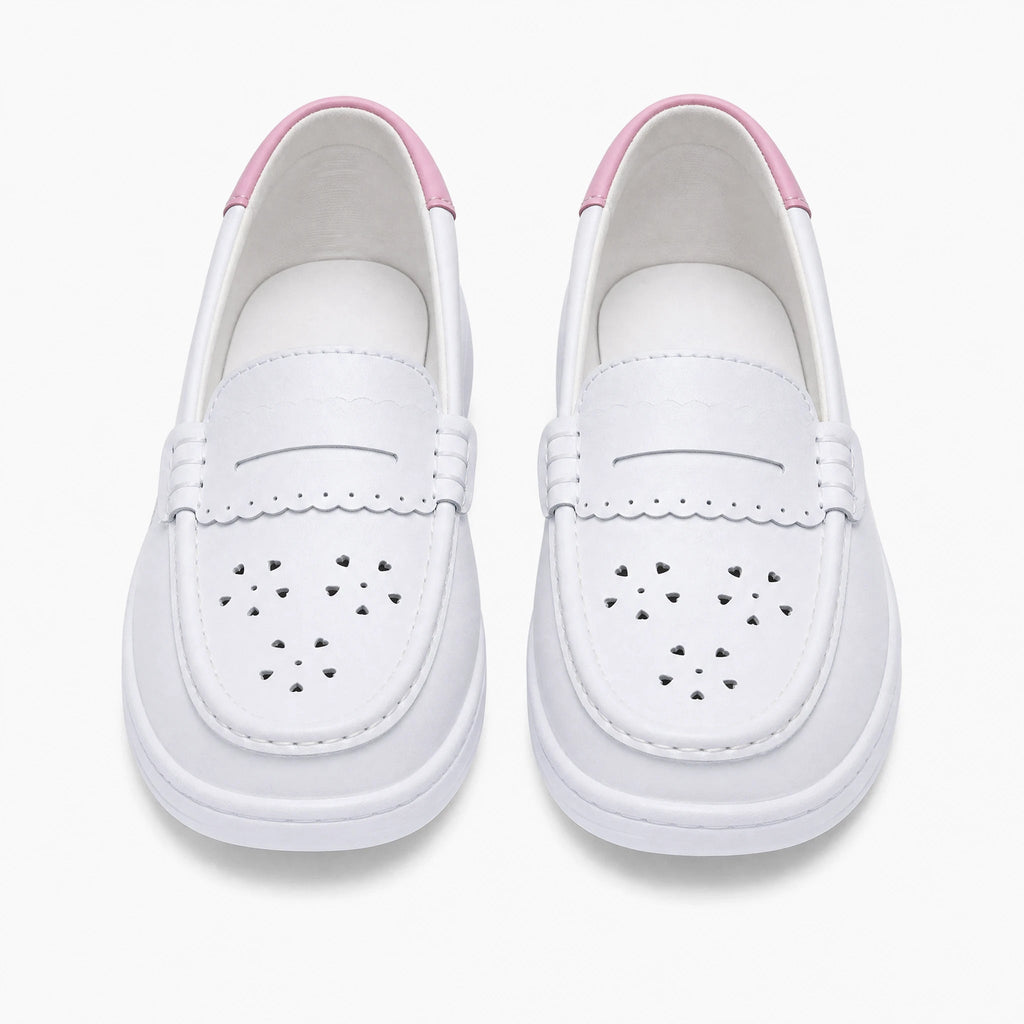 Witte open damesloafer van leer met plateauzool, zijaanzicht