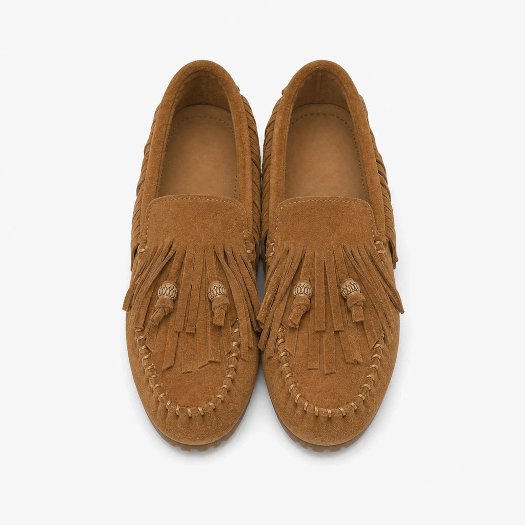 Dames mocassin met franjes en suèdelook, zijaanzicht
