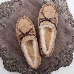 Gevoerde suède loafers met strik voor dames, Beige