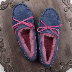 Gevoerde suède loafers met strik voor dames, Blauw