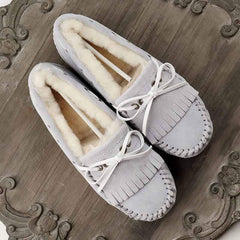 Gevoerde suède loafers met strik voor dames, Grijze