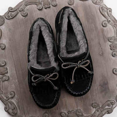 Gevoerde suède loafers met strik voor dames, Zwart
