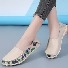 Leren loafers met bloemmotief voor dames, Beige