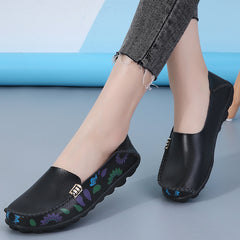 Leren loafers met bloemmotief voor dames, Zwart