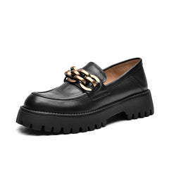 Leren loafers met metalen ketting voor dames, Zwart