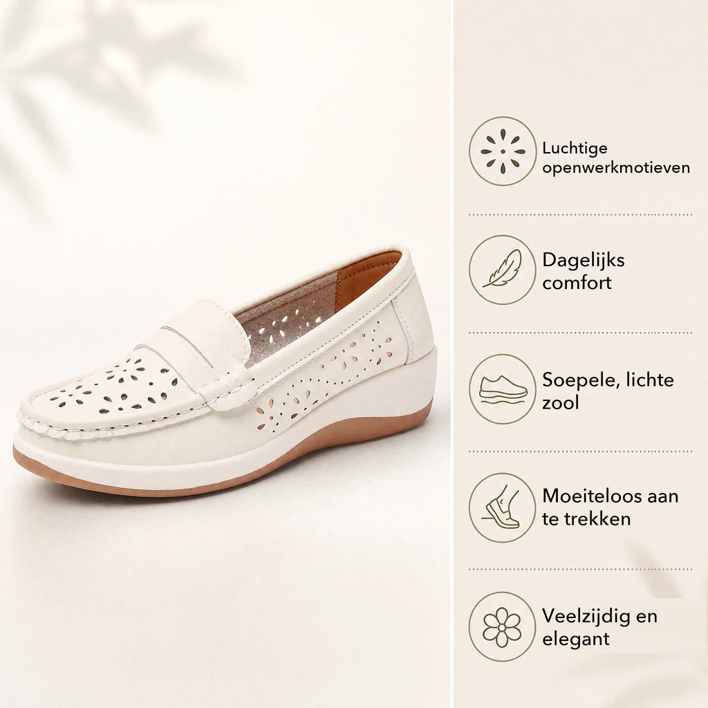 Doorbroken sleehak mocassins voor dames met bloemmotief, achterkant
