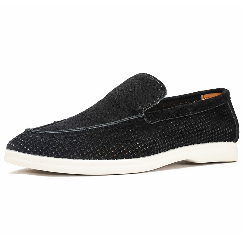 Donkergroene geperforeerde heren mocassin met witte zool, zijaanzicht
