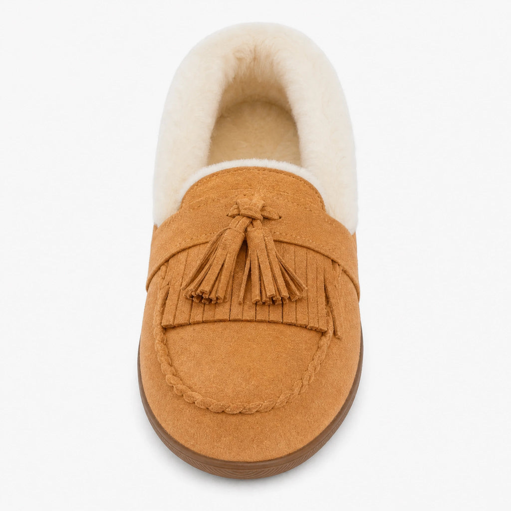 Gevoerde dames mocassin camel met pompons, zijaanzicht