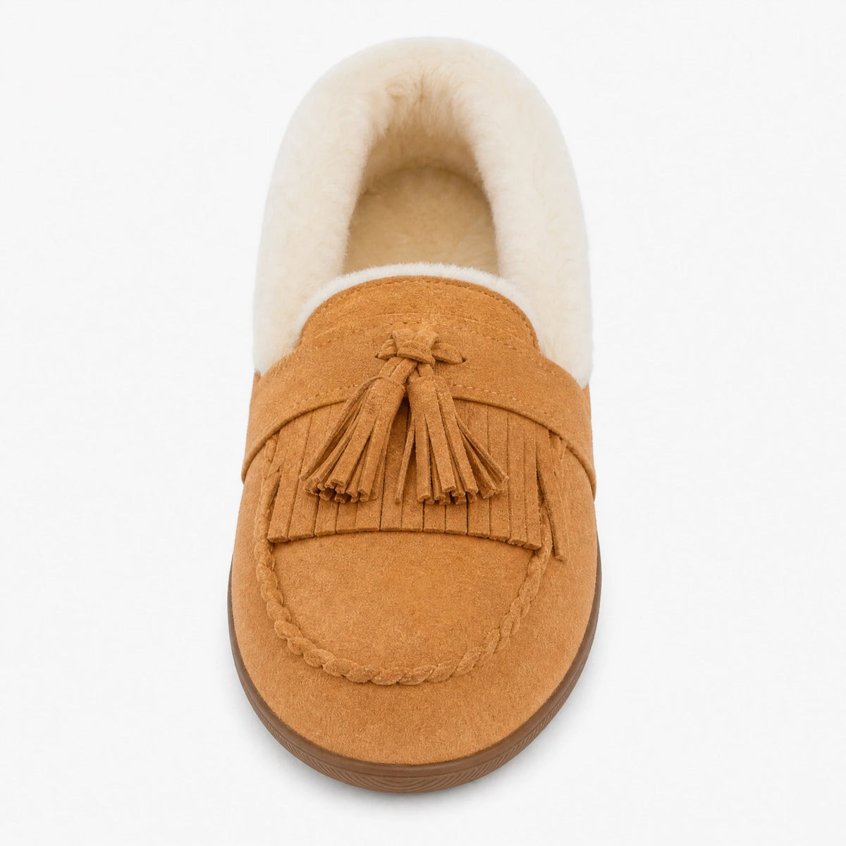Gevoerde dames mocassin camel met pompons, zijaanzicht
