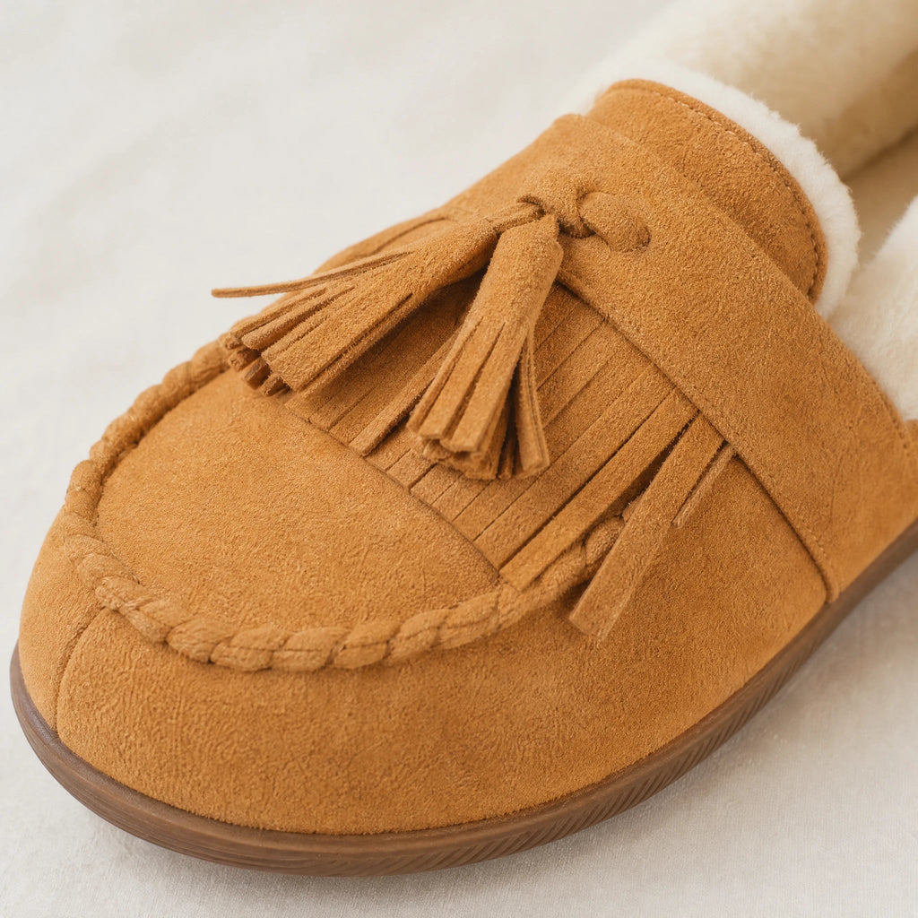 Camelkleurige gevoerde mocassin met franjes en pompons