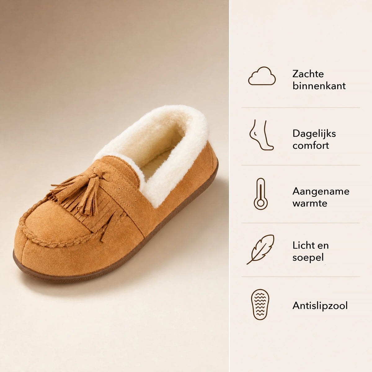 Gevoerde dames mocassin camel, bovenaanzicht Afbeelding