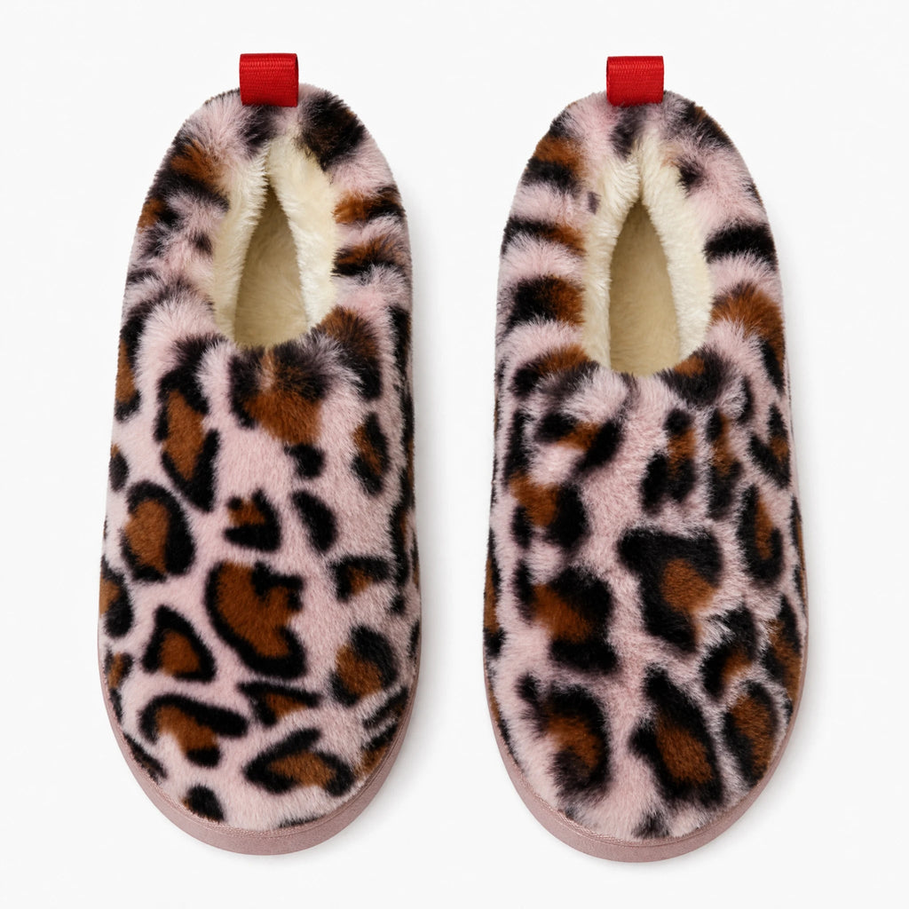 Gevoerde muilmocassin met roze luipaardprint, zijaanzicht