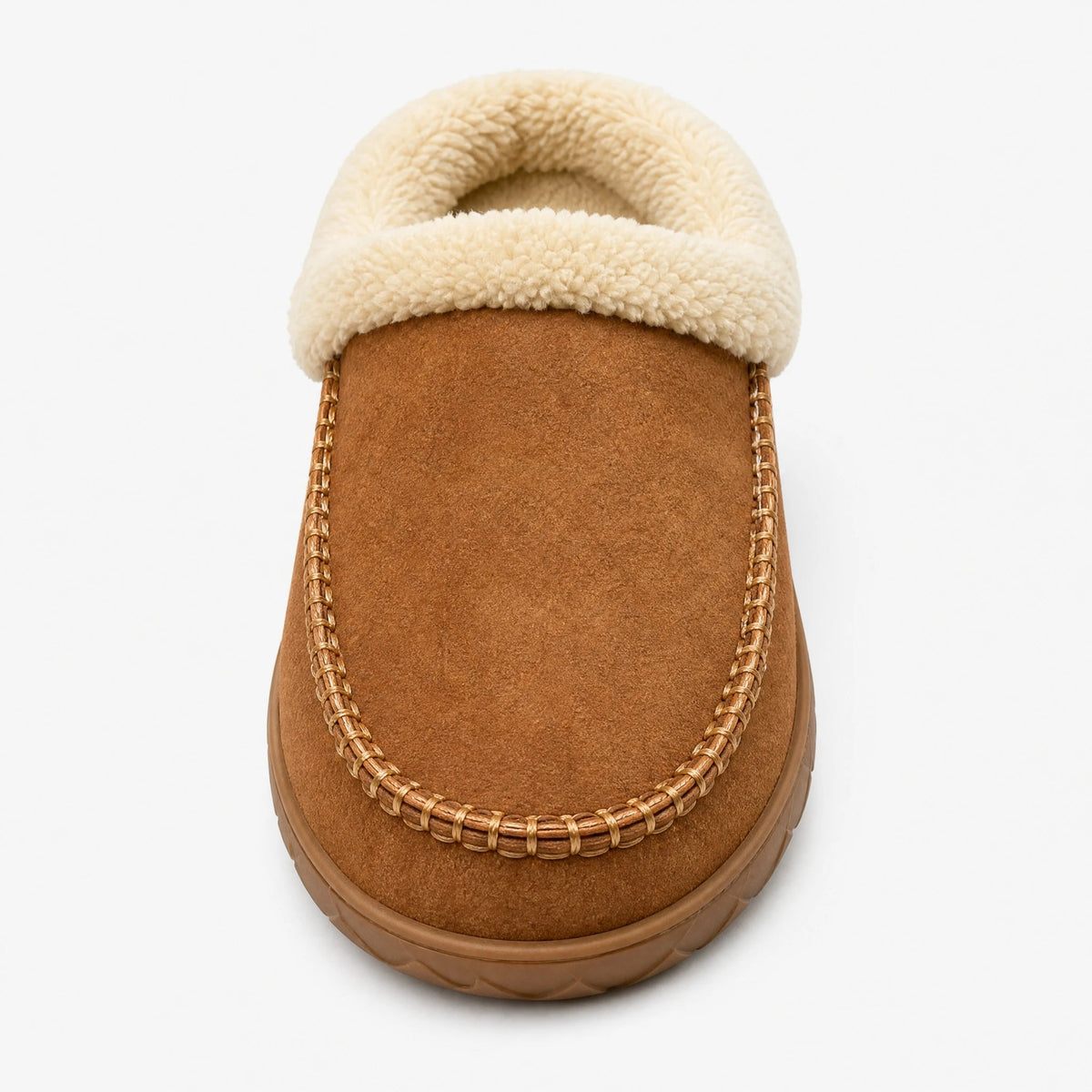 Gevoerde pantoffelmocassin camel met bouclé kraag, zijaanzicht