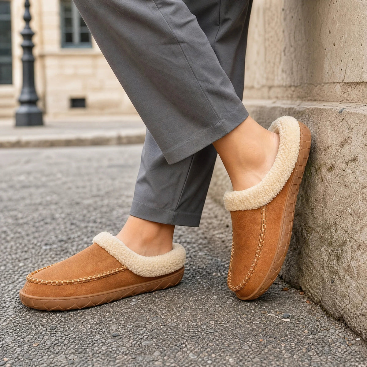 Dikke bouclé kraag van de pantoffelmocassin Afbeelding