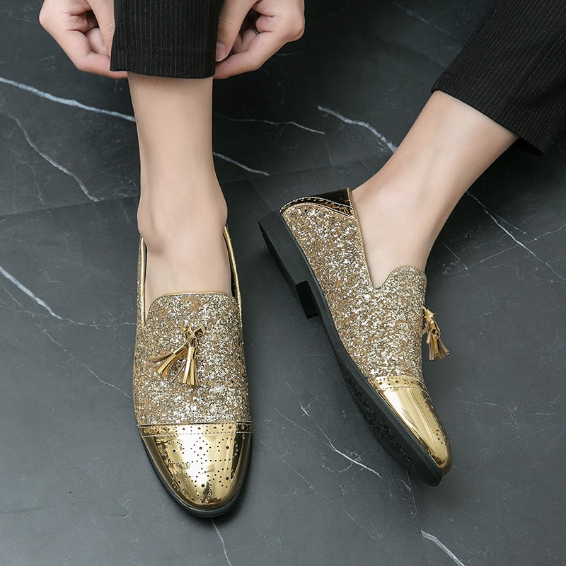 Goudkleurige gelakte en glitter avondloafers