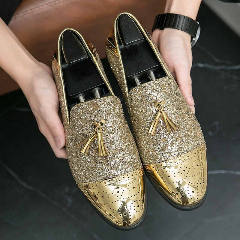Goudkleurige gelakte en glitter avondloafers