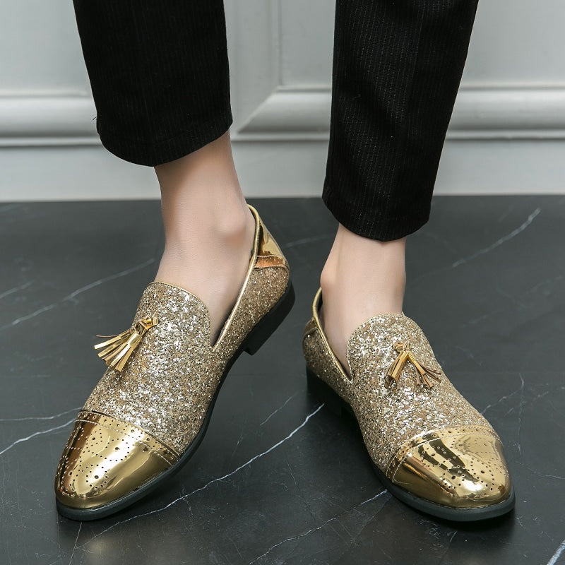 Goudkleurige gelakte en glitter avondloafers