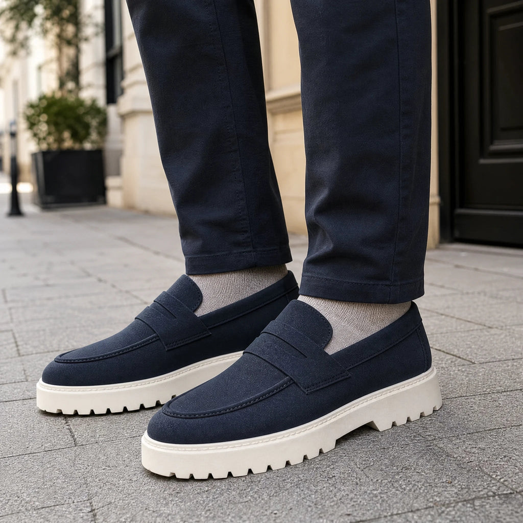 Marineblauwe heren mocassin met profielzool, achterkant