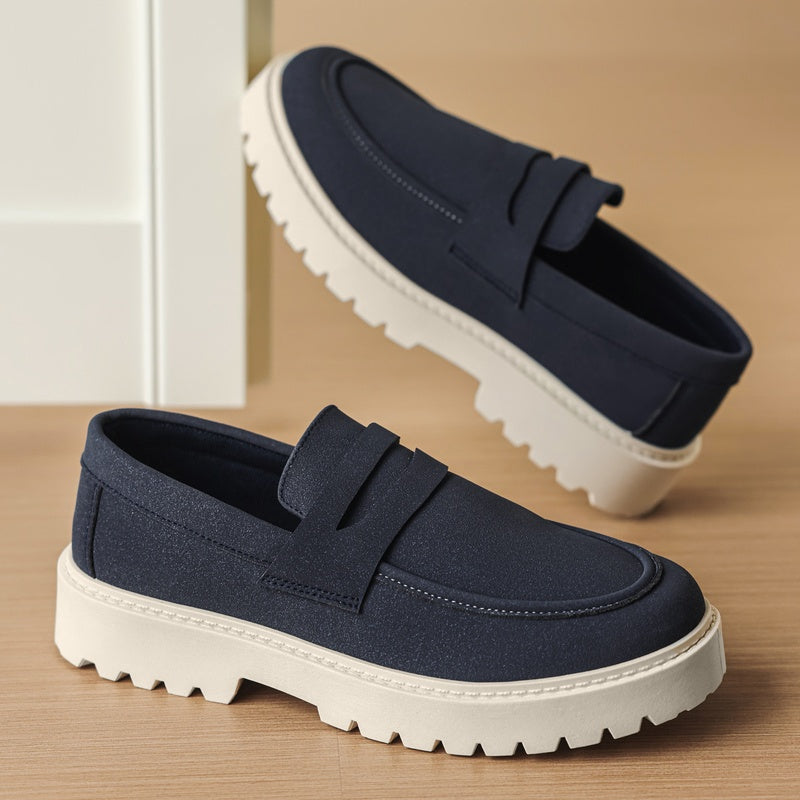 Marineblauwe heren mocassin met profielzool, detail van de witte zool met profiel