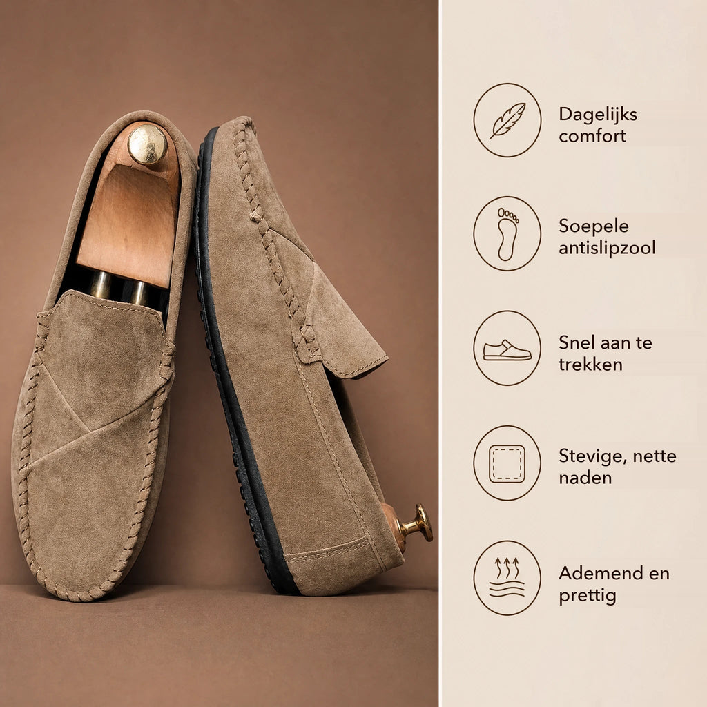 Camel heren mocassin in suède-look met zichtbare naden, zijaanzicht