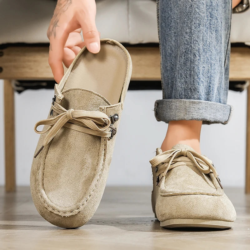 Herenmuil met veters en open hiel in beige, voorkant