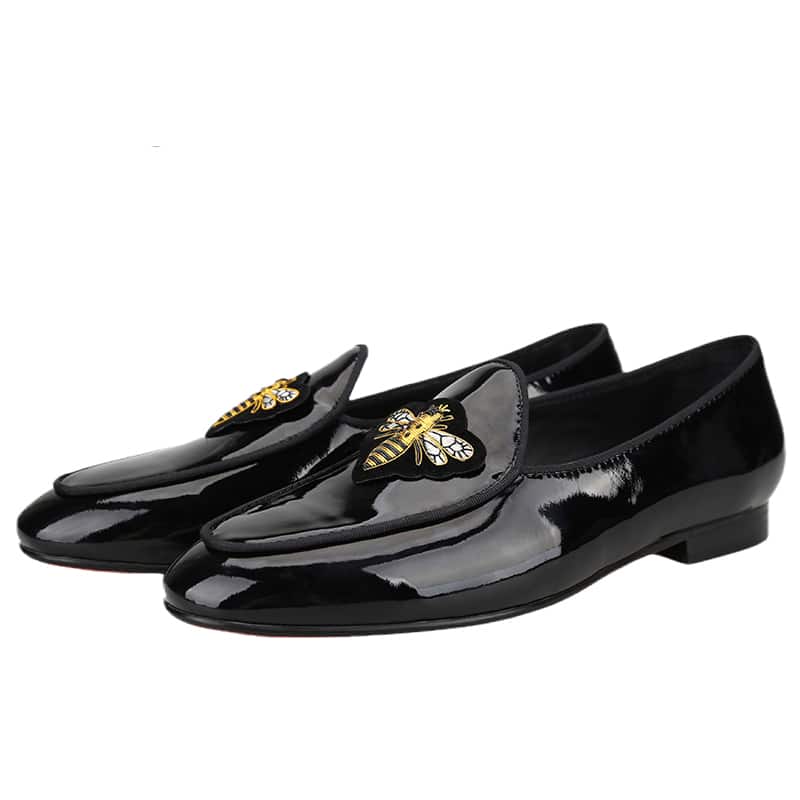 Zwarte lakleren loafers voor heren met bijenstempel