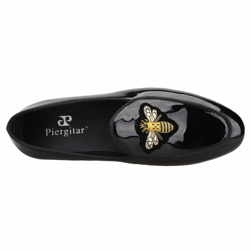 Zwarte lakleren loafers voor heren met bijenstempel