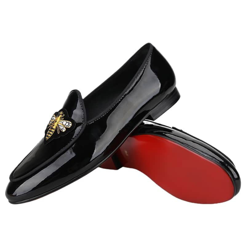 Zwarte lakleren loafers voor heren met bijenstempel
