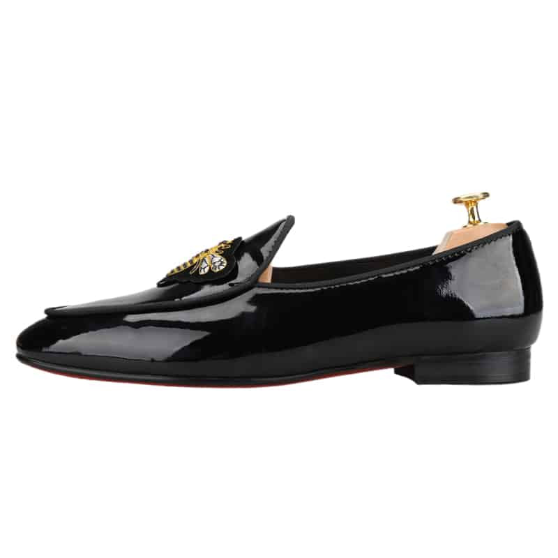 Zwarte lakleren loafers voor heren met bijenstempel