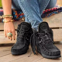Indiaanse mocassins met veters en franjes, Zwart