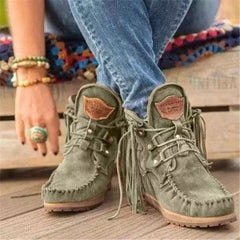 Indiaanse mocassins met veters en franjes, Groen